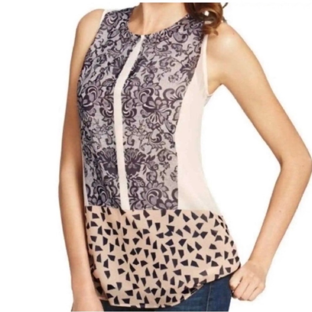 CAbi Black and Cream Patterned Tunic Top